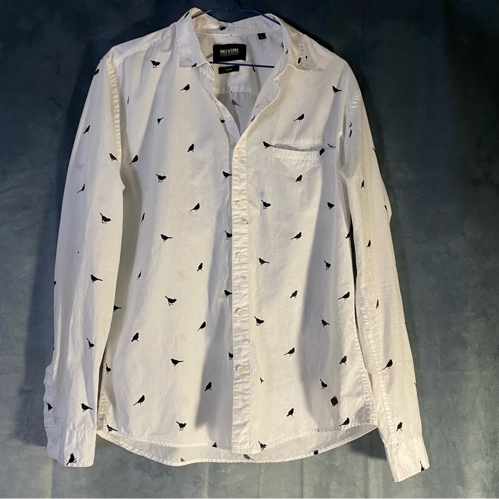 White Button‎ Down Shirt Black Bird All Over Print Women’s Sz L Acadamia Unique
